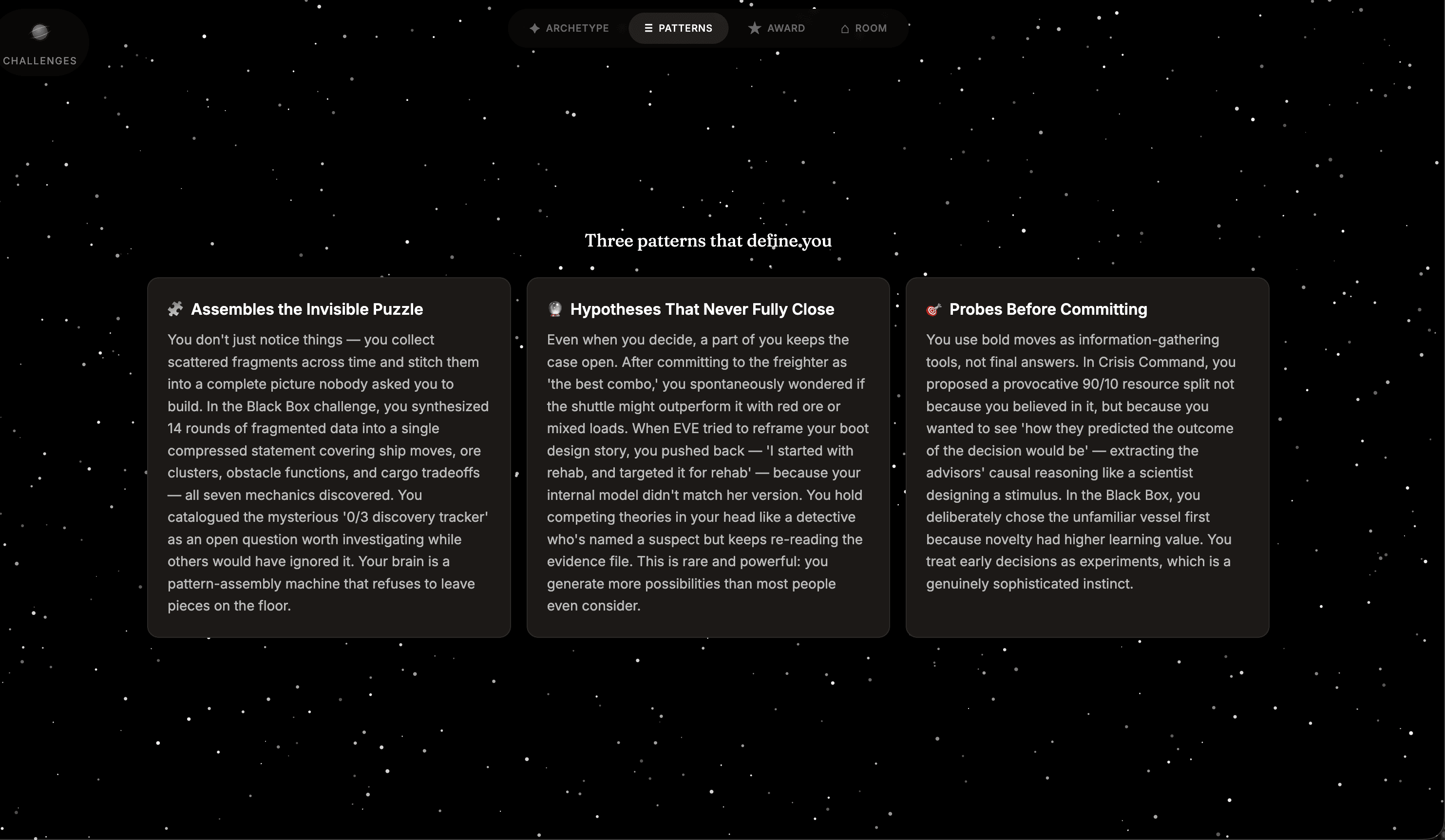 An Innovator Profile — the patterns that define how the Scout reasons and creates.